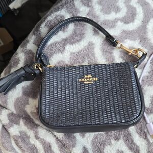 Coach Dark Navy Blue Woven Leather Mini Wristlet with Gold Hardware